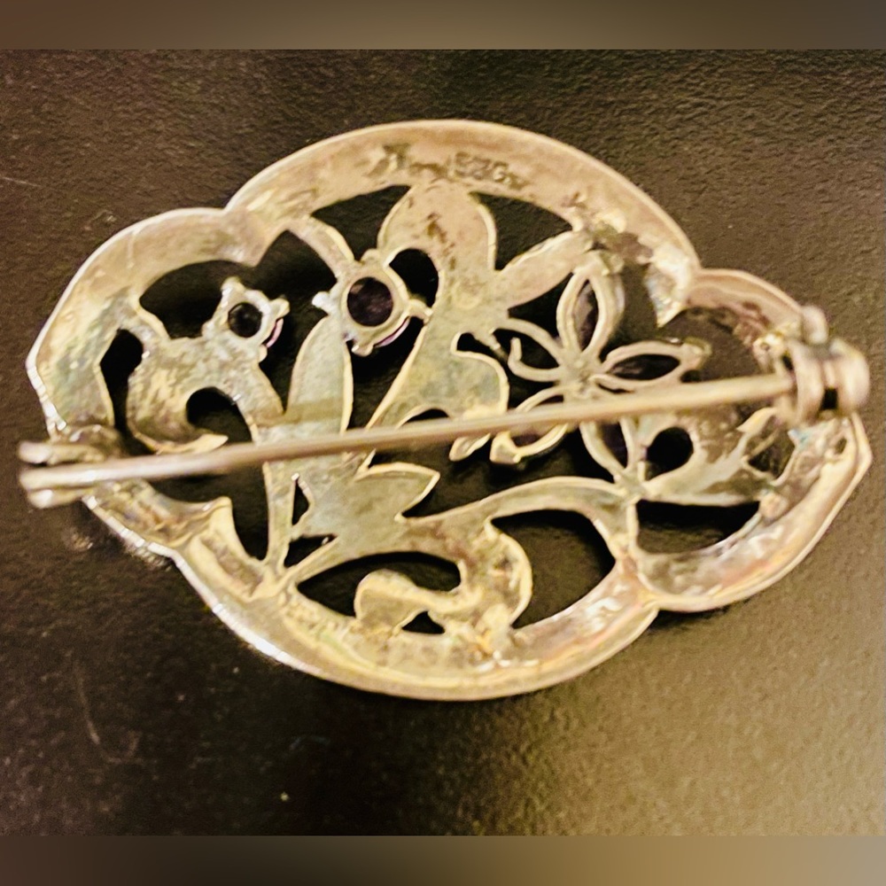 Vintage Sterling Silver Marcasite Amethyst Floral Pin Brooch - Picture 3 of 9